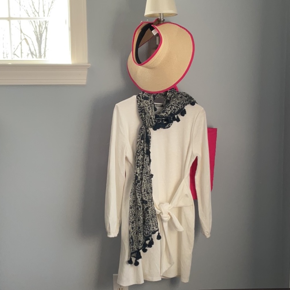 Women’s Beach Bundle: White Dress Large, Hot Pink Beach Bag, Straw Hat , Scarf